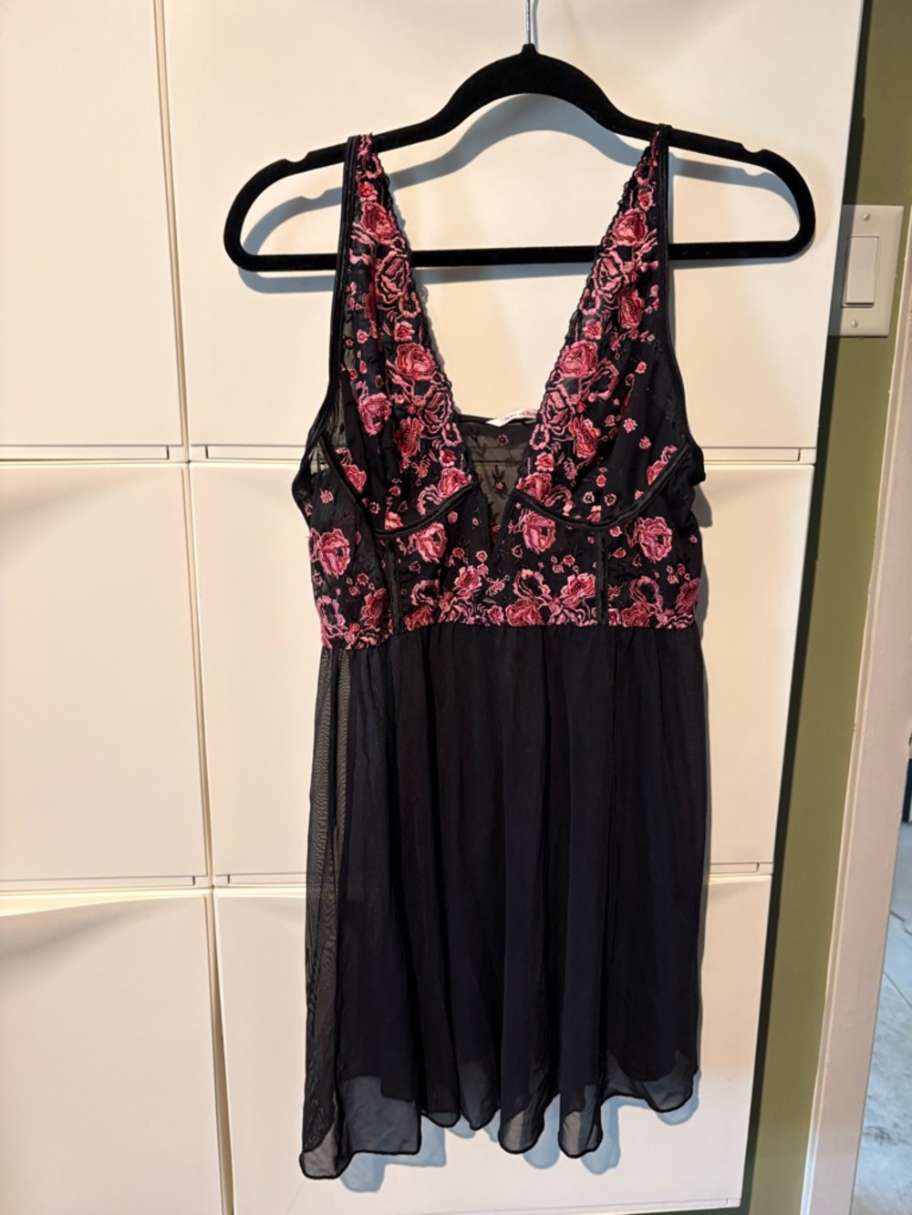 La Vie En Rose Black Mesh Dress with Pink Floral Embroidery